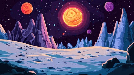 Wall Mural - Surreal Cosmic Landscape with Planets and Mountains in Space