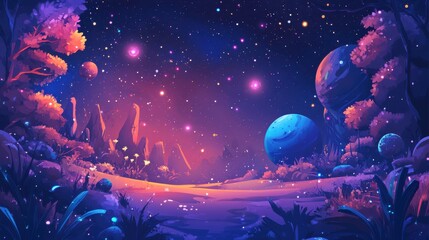 Wall Mural - Vibrant Cosmic Landscape with Colorful Planets and Starry Night Sky