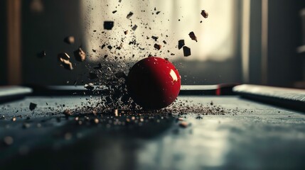 Wall Mural - red billiard ball splits into particles and debris