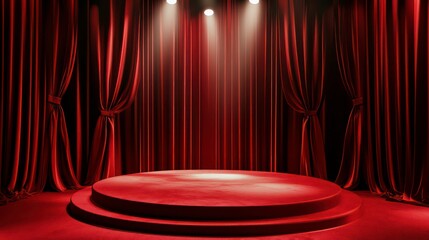 Poster - Red Velvet Curtain Stage Setup with Satin Pedestal and Soft Spotlight for Dramatic Presentation and Luxury Display