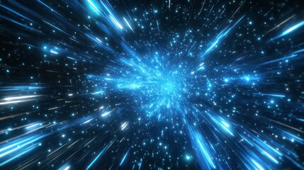 Fototapete - Retro 80s video game background with grid of blue light streaking in space
