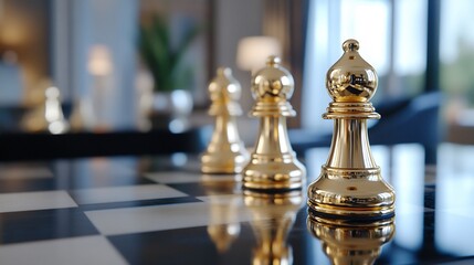 Golden chess pieces on board, luxury home background, strategy concept