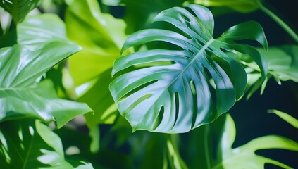 Wall Mural - Lush green monstera leaves, sunlight, tropical backdrop, nature wallpaper