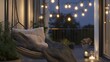 © ANRI - Ultra-realistic image of a small balcony with a swing chair, string lights, and a soft blanket, creating a peaceful outdoor retreat