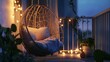 © ANRI - Ultra-realistic image of a small balcony with a swing chair, string lights, and a soft blanket, creating a peaceful outdoor retreat