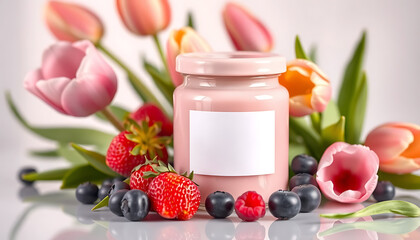 Wall Mural - Pastel pink cream jar mockup with soft glossy lid and blank white label. surrounded by colorful tulips and strawberries, blueberries and raspberries