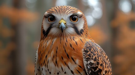 Wall Mural - close-up portrait of an orange feathered hawk with distinctive black markings, and bright eyes looki