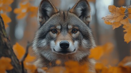 Wall Mural - a close-up view of a wolf's face with autumn leaves in the foreground, creating a warm fall scene