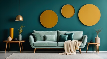 Wall Mural - Teal-hued wall paired with mustard accents & modern sofa in stylish room 