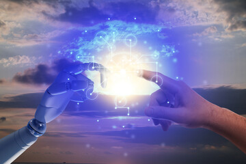 Poster - Man and robot touching data network against sunset sky, closeup of hands. Concept of collaboration between AI and human. Modern technology