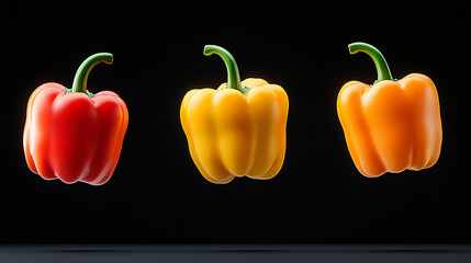 Vibrant bell peppers floating midair red yellow green fresh crisp dynamic motion splash white background modern food photography healthy organic juicy bold wet droplet motion advertising fresh