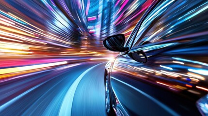 Poster - A futuristic car driving through a neon-lit city street, high clarity