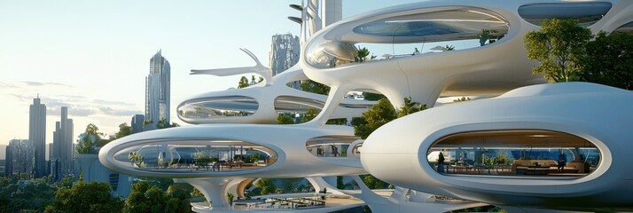 Aufkleber - A futuristic sustainable community with wide shared spaces and smart technology