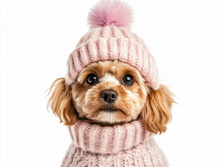 Adorable little puppy wearing pink knitted hat scarf cozy festive winter fashion fluffy fur charming Christmas outfit cute seasonal portrait stylish holiday minimal warm look soft cute pet zoo home