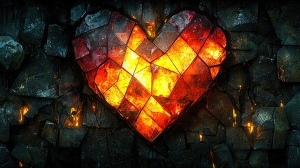 Poster - Fiery Crystal Heart Embedded In Dark Rock