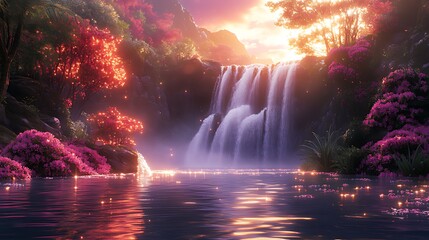 Wall Mural - Magical sunset waterfall, lush foliage, tranquil pool, fantasy landscape, game background