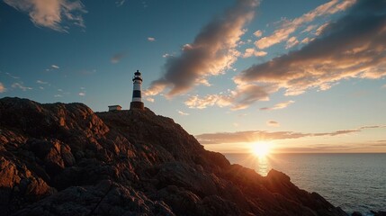Poster - A scenic close-up of a lighthouse on a rocky coastline at sunset