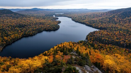 Poster - A scenic view of a peaceful lake surrounded by autumn foliage