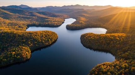 Poster - A scenic view of a peaceful lake surrounded by autumn foliage
