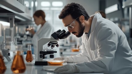 Poster - A scientist examining a petri dish under a microscope in a bright laboratory