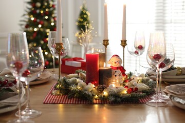 Wall Mural - Christmas place setting with festive decor on wooden table in room