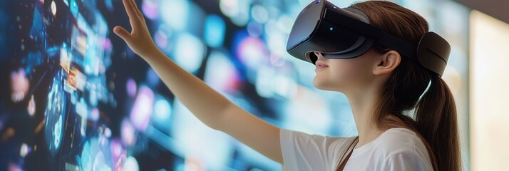 Aufkleber - A student engaged in virtual reality learning with a wide interactive environment