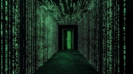 Wall Mural - Mysterious Corridor in a Digital Matrix, Glowing Green Codes on the Walls of Technology