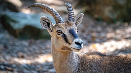Wall Mural - close-up portrait of a young alpine ibex with curved horns in natural habitat
