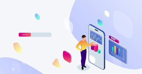 Aufkleber - Landing page design. Moving banner with man standing next to large smartphone and analyzing big data, statistics, graphs and charts. Business planning and organization. Isometric 3D animated graphics