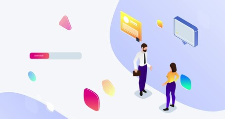 Poster - Landing page design. Moving banner with business partners analyzing statistics or big data and developing strategy to achieve success. Exploring graphs and charts. Isometric 3D animated graphics