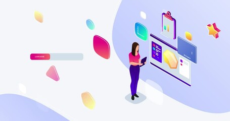 Poster - Landing page design. Moving banner with woman engaged in business analytics. Character analyzes big data, statistics, graphs and charts for financial growth. Isometric 3D animated graphics
