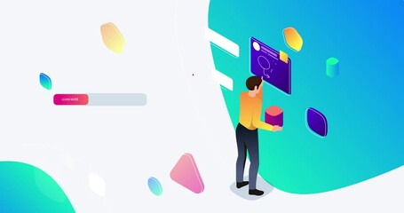 Poster - App Development. Moving banner with male programmer writing code or script for digital product. Information technology and engineering. Landing page or website design. Isometric 3D animated graphics