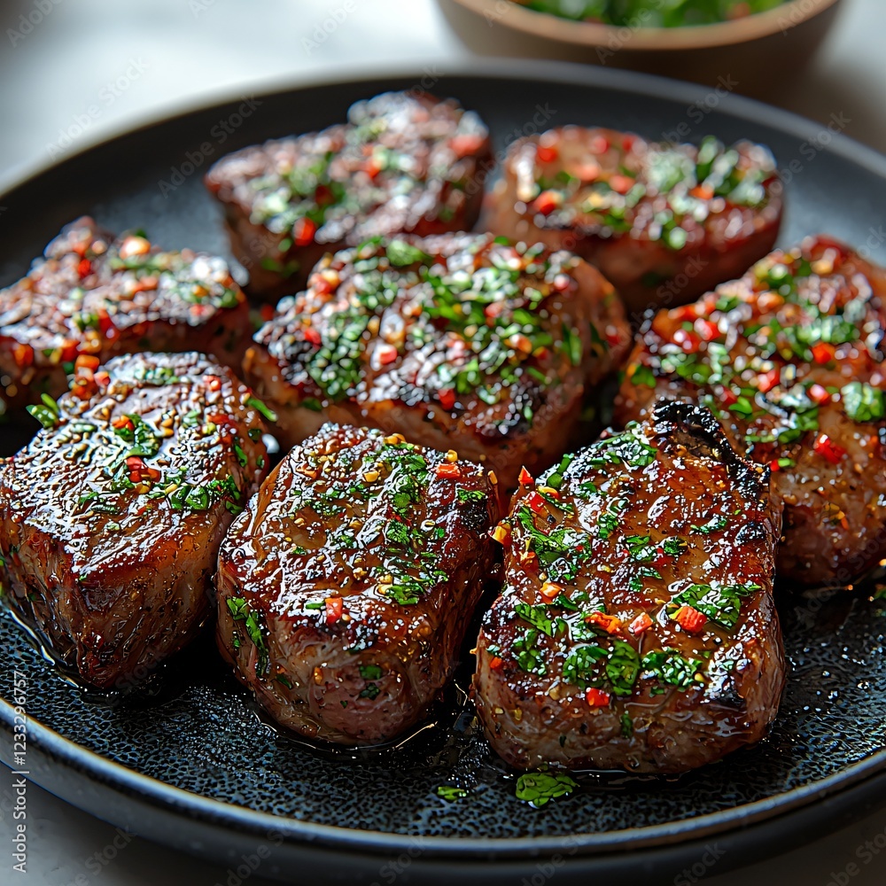 Grilled beef cubes, parsley, chili, plate. Food photography for recipe ...