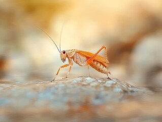 Close up of an orange grasshopper with black spots and long antennas standing on rock