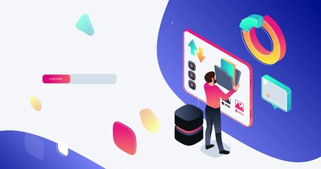 Poster - Website Interface Development. Moving banner with male programmer filling website with content and creating user interface for digital product. Landing page design. Isometric 3D animated graphics