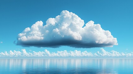 Wall Mural - Large Cumulus Cloud Floating Above Calm Reflective Water Surface On A Clear Bright Day.