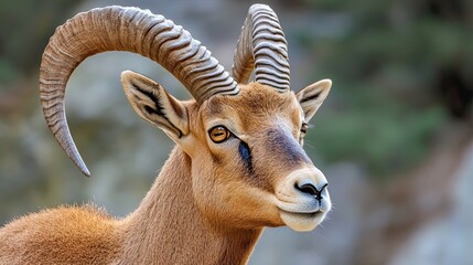 Wall Mural - close-up portrait of a majestic ibex with impressive curved horns and a serene gaze