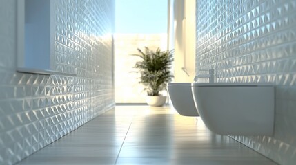 Aufkleber - Modern Bathroom Design With White Geometric Tiles And Toilets