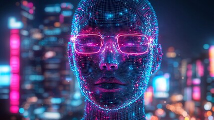 Poster - Digital Face With Glasses In A Neon Cityscape