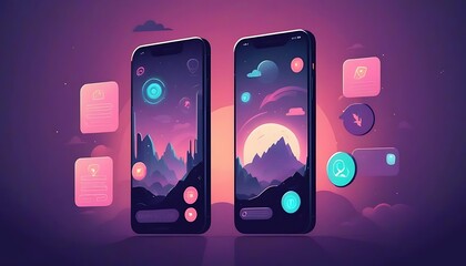 Poster - Two Smartphones Displaying Futuristic Landscapes and User Interface Elements