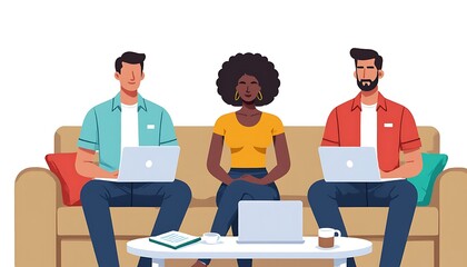 Poster - Diverse Team Collaborating on Laptops While Relaxing on a Sofa