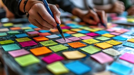 Poster - Brainstorming team using colorful sticky notes on table
