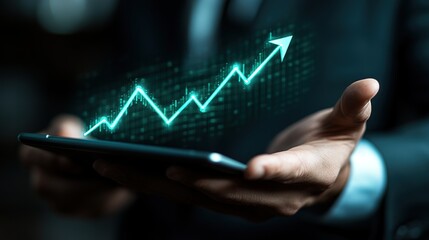 Poster - Businessman Holding Tablet, Growth Graph, Office Background, Financial Success