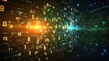Digital data stream flowing through cyberspace, glowing particles background; tech concept