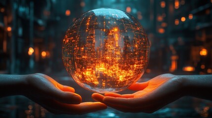 Poster - Crystal globe city, hands, mystical forest, futuristic concept