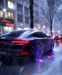 Poster - Futuristic Sports Car Driving Through a Rain-Swept City at Night