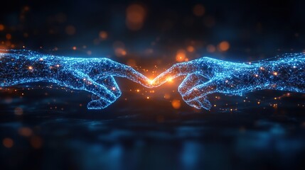 Poster - Digital hands connect, glowing sparks, dark background, network concept