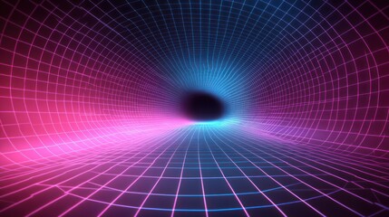 Poster - Neon grid tunnel, vibrant colors, dark background, futuristic design