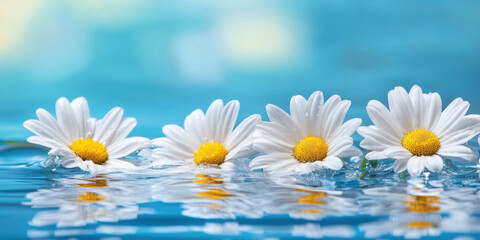 Wall Mural - Fresh white flowers floating on water, creating serene and tranquil atmosphere. vibrant blue background enhances beauty of daisies, reflecting nature elegance