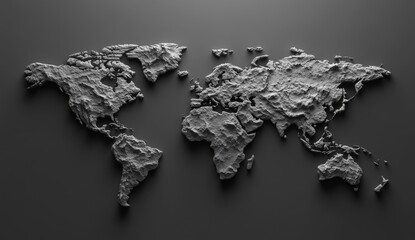 3d textured grayscale world map on dark background. (1)